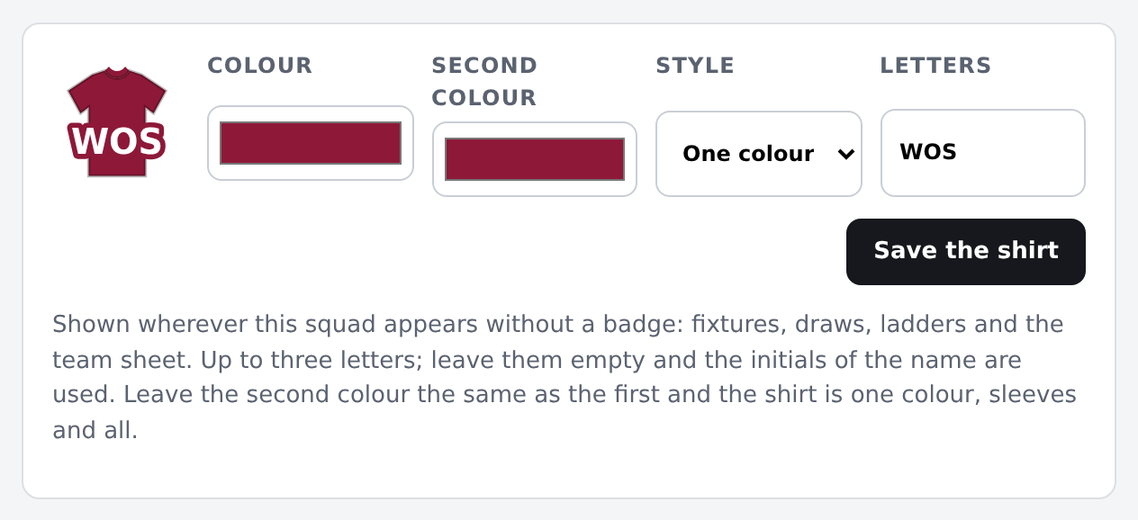 The shirt panel on a squad screen