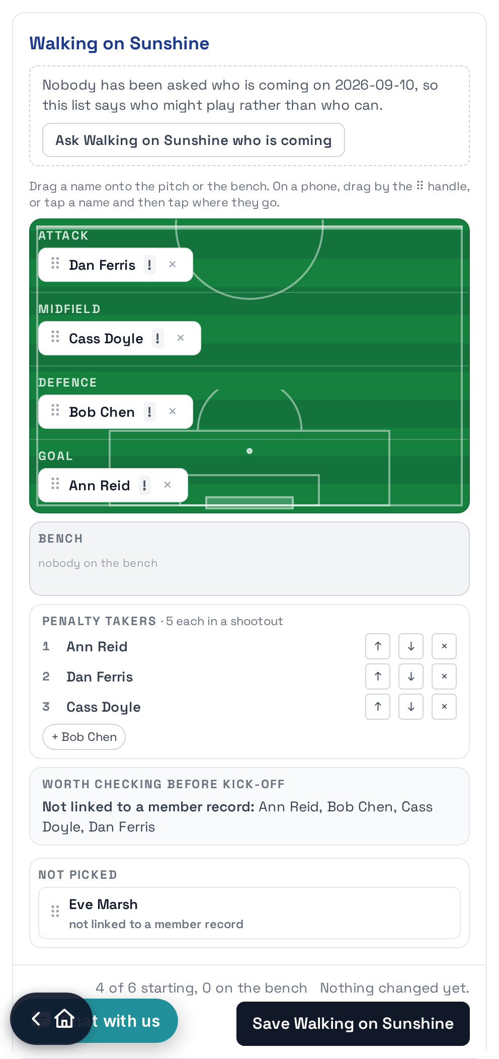 The team sheet with players placed on a pitch