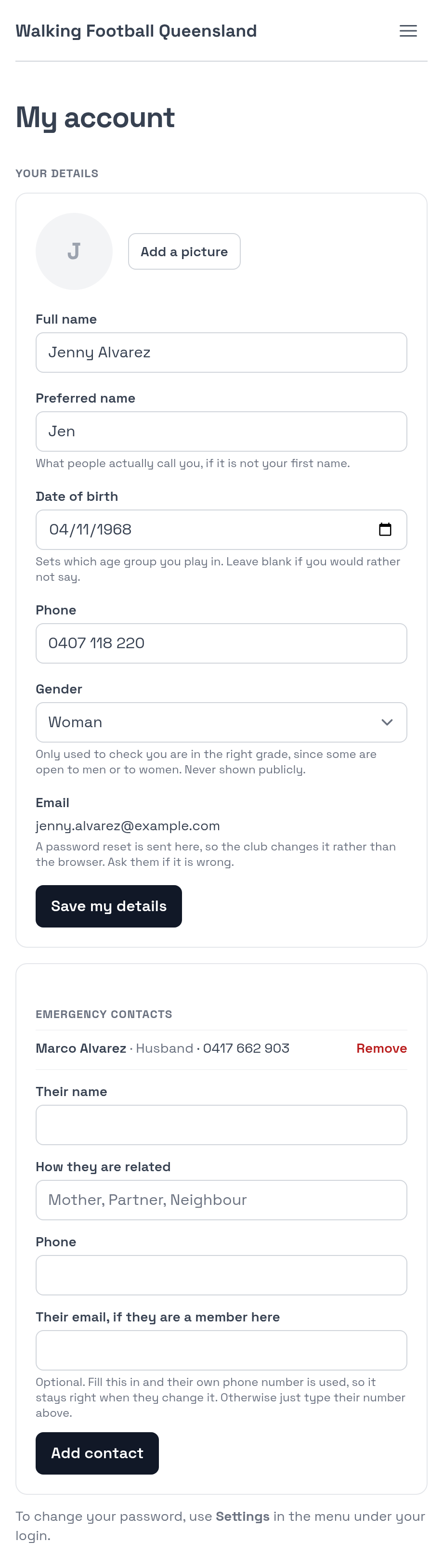 A member's own details and emergency contacts