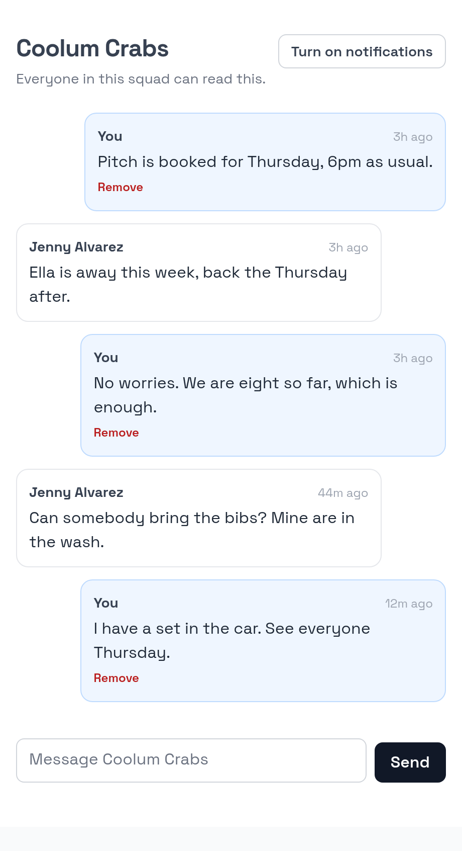 A squad thread, with your own messages tinted and to the right
