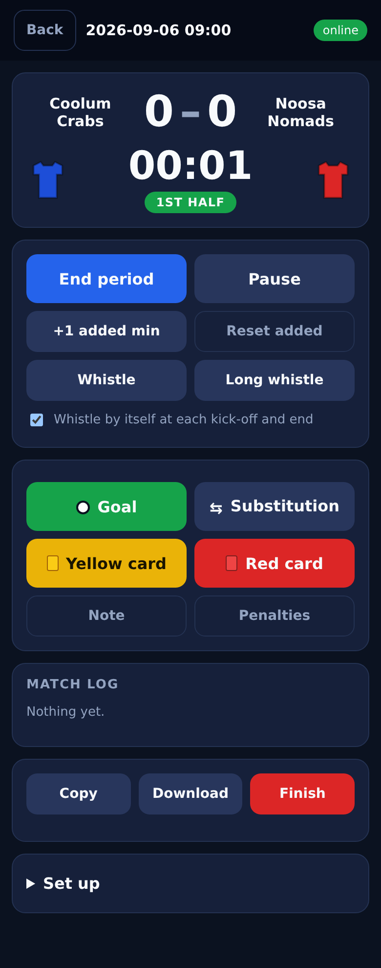 The referee's match screen with clock and score