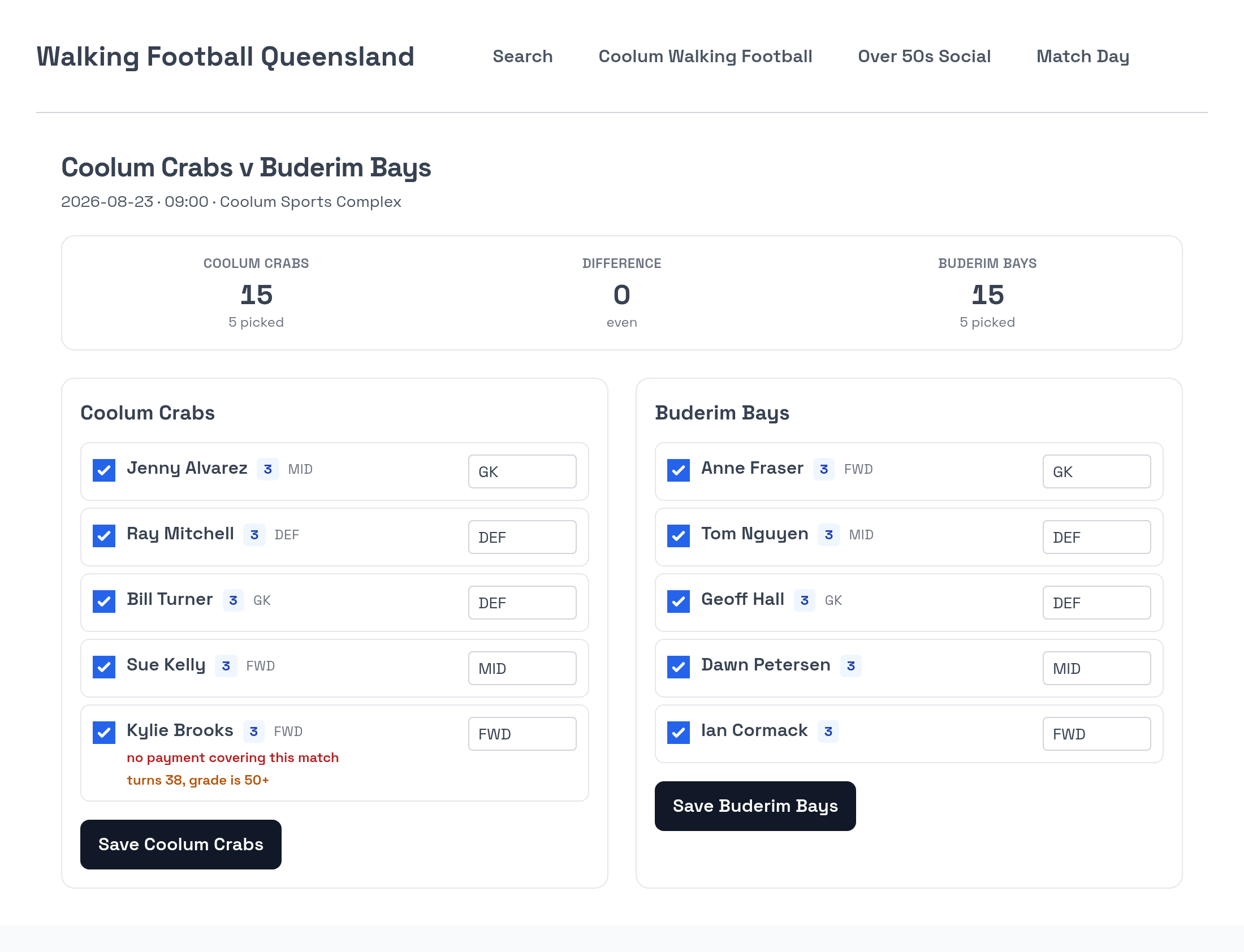 A team selection screen showing eligibility flags and the balance between two sides