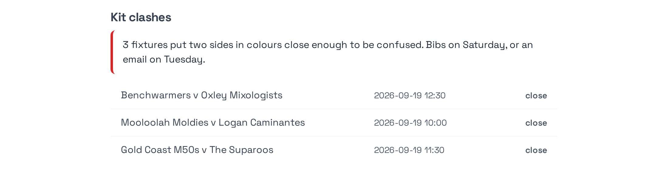 Three fixtures flagged as putting two sides in colours close enough to be confused